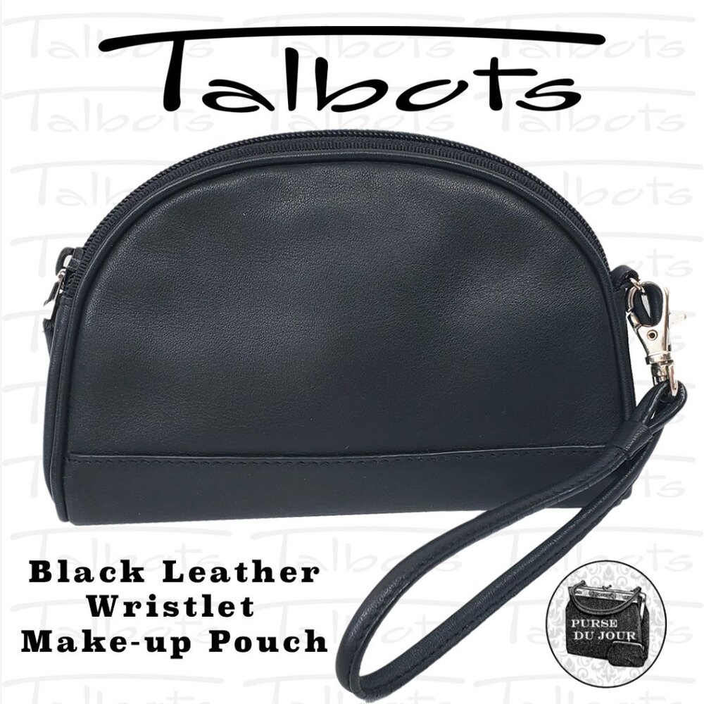 Talbots Domed Black Smooth Leather Wristlet, Pouch, Make-up Pouch